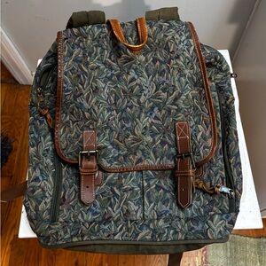 Vintage L.L. Bean Leaf Pattern Cloth Tapestry Backpack